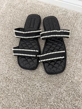 Black Pearl-Trim Slide Sandals - Women's
